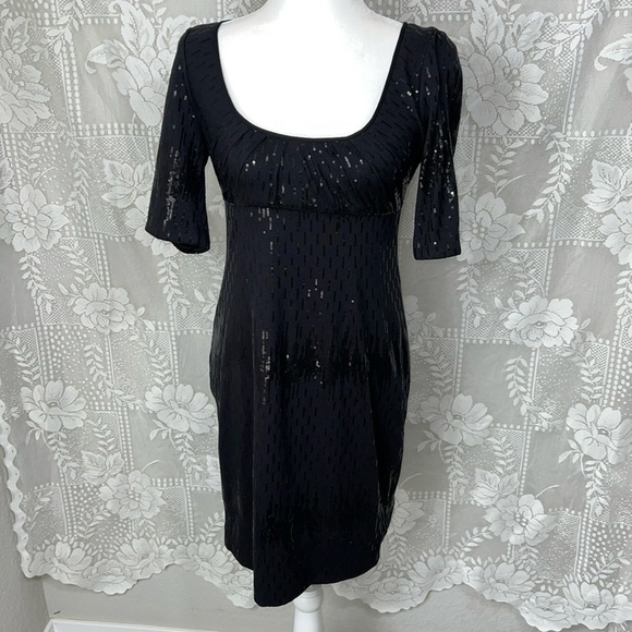 Suzi Chin Black Sequin Jersey Pleated Scoop Neck Party Cocktail Dress - Picture 1 of 10